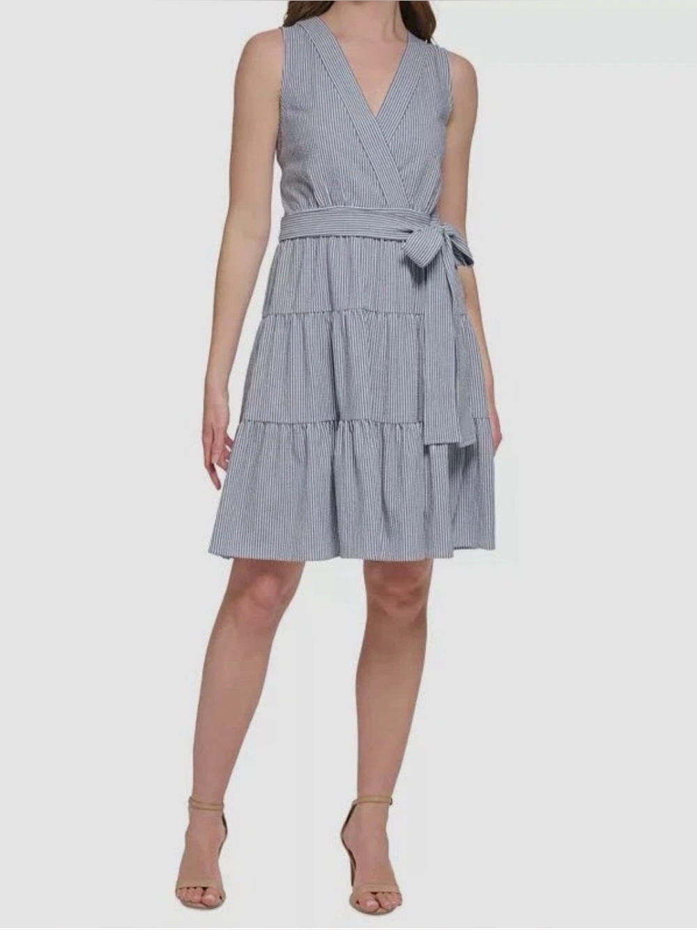 TOMMY HILFIGER SEERSUCKER BLUE WHITE STRIPE TIERED SLEEVELESS WRAP STYLE DRESS